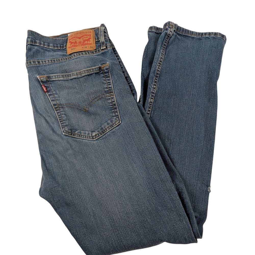 Levis 505 Reg Fit Jeans Mens 36x34 Blue Denim Straight Leg Distressed Painter